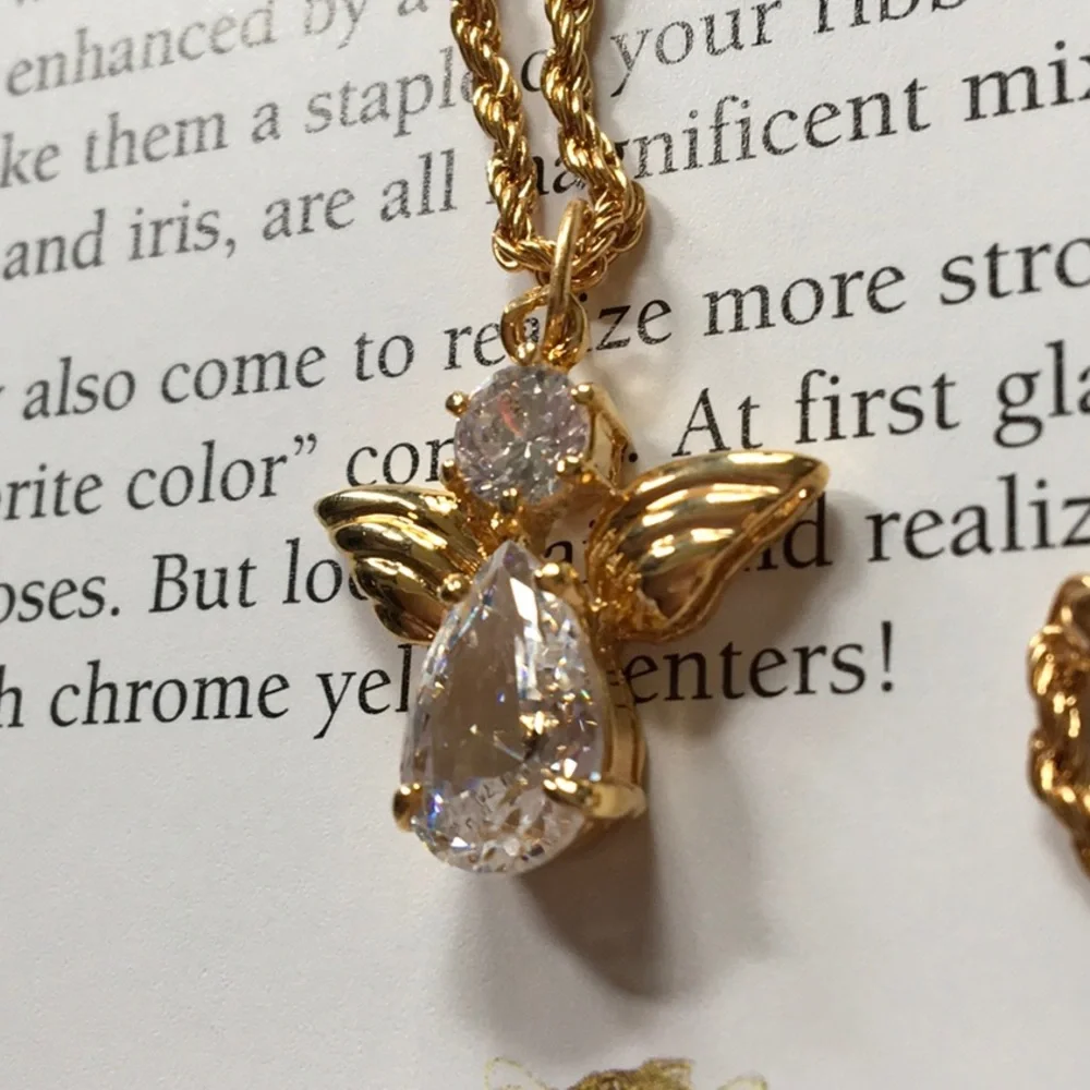 Cubic Zirconia Guardian Angel Protection Necklace Gold Tone NWOT